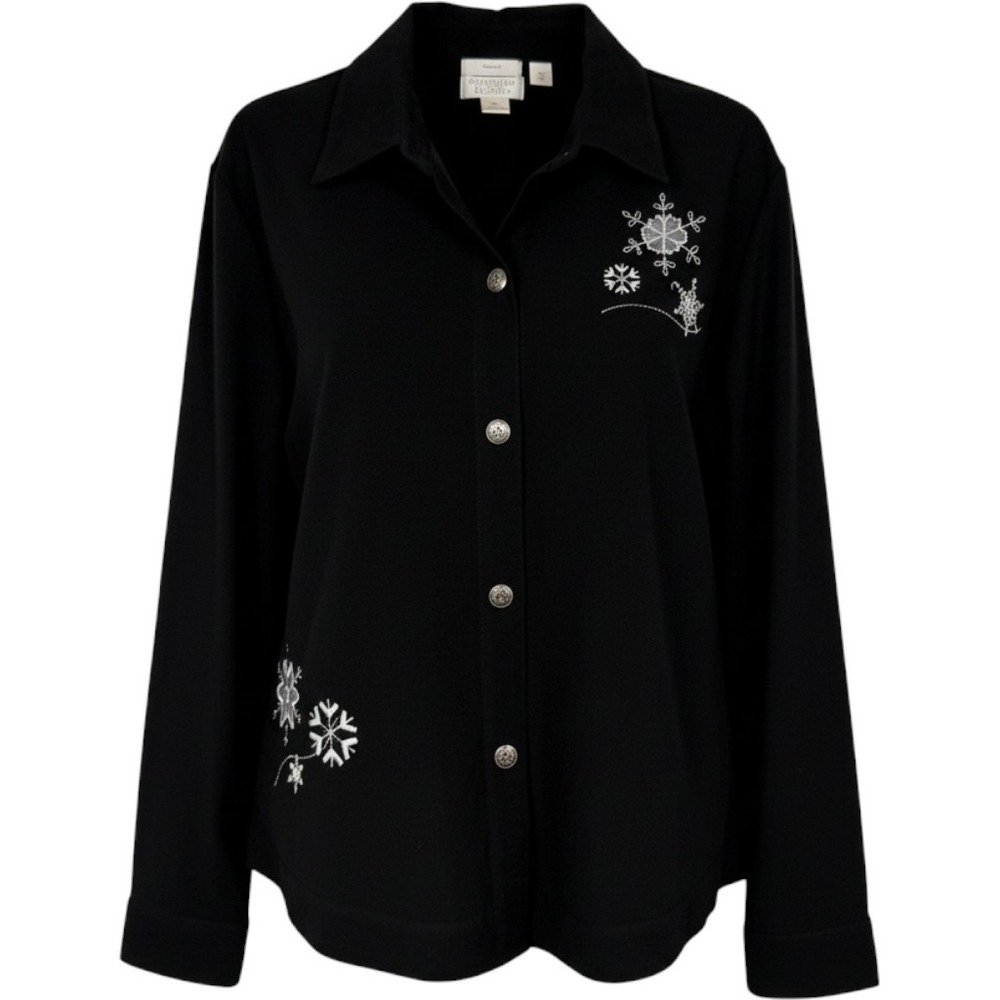 Christopher & Banks L Black Button Front Snowflake Embroidered Holiday‎ Jacket